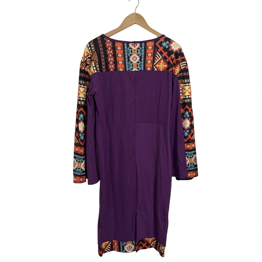 Purple Boho Long Sleeve Dress with Aztec Print